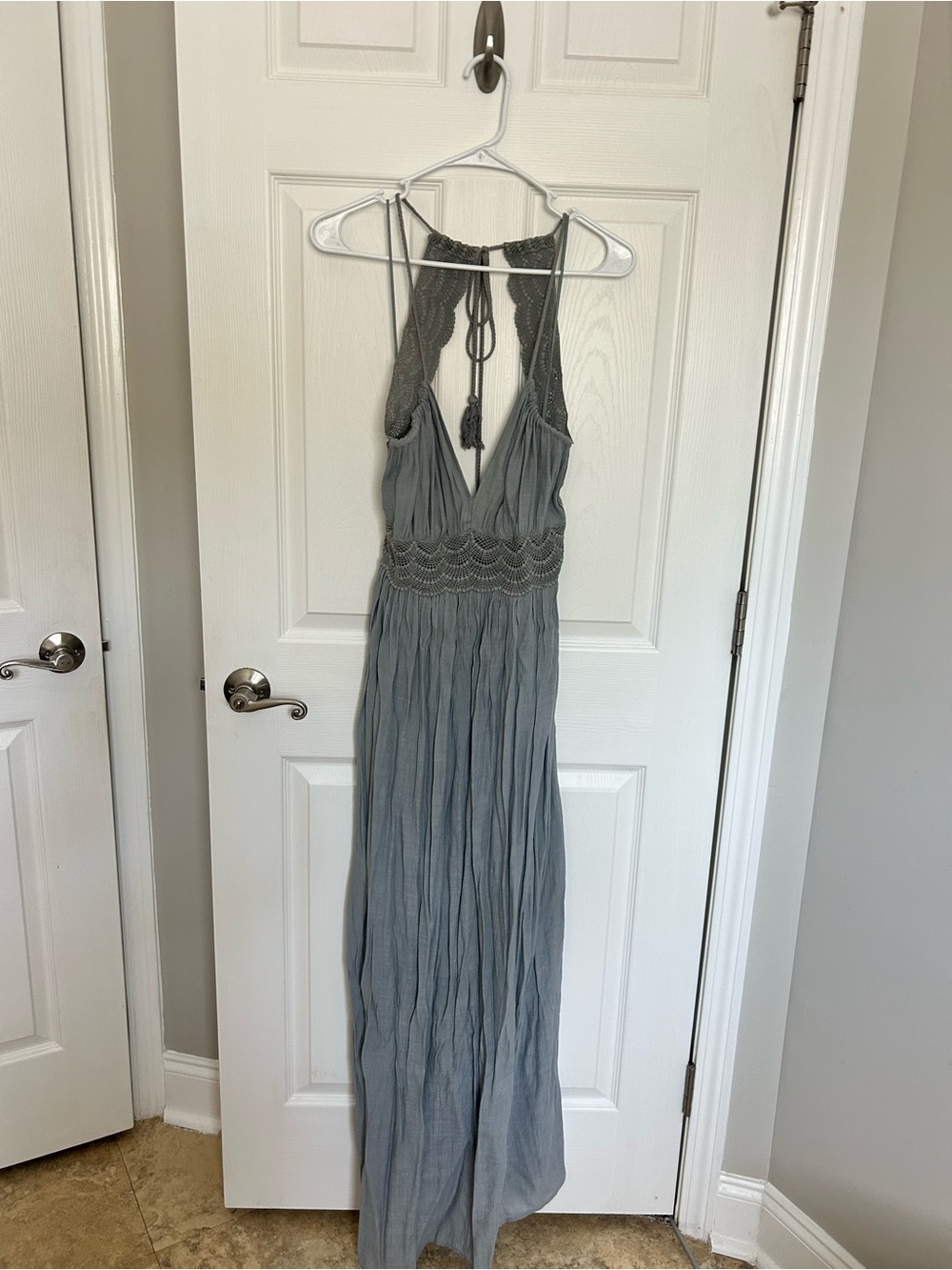 Slate Blue Maxi Halter Dress with Crochet Waist